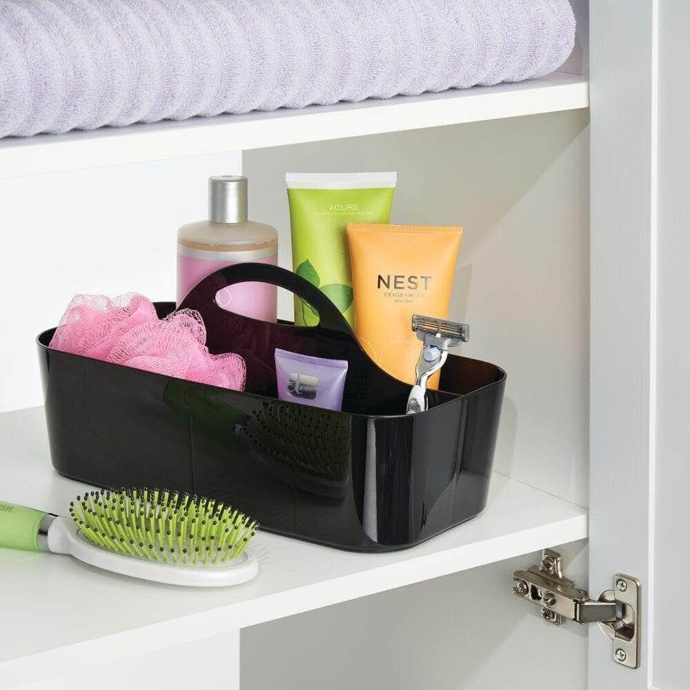 Organize with mdesign plastic portable storage organizer caddy tote divided basket bin with handle for bathroom dorm room holds hand soap body wash shampoo conditioner lotion large 4 pack black