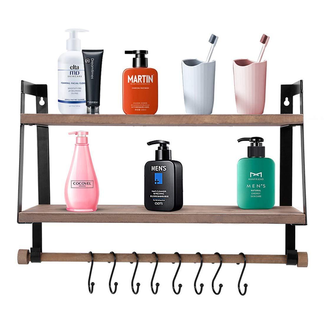 Storage halcent wall shelves wood storage shelves with towel bar floating shelves rustic 2 tier bathroom shelf kitchen spice rack with hooks for bathroom kitchen utensils