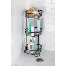 Load image into Gallery viewer, Kitchen mdesign square metal bathroom shelf unit free standing vertical storage for organizing and storing hand towels body lotion facial tissues bath salts 3 shelves steel wire matte black