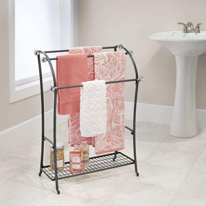 Discover mdesign large freestanding towel rack holder with storage shelf 3 tier metal organizer for bath hand towels washcloths bathroom accessories black brushed steel