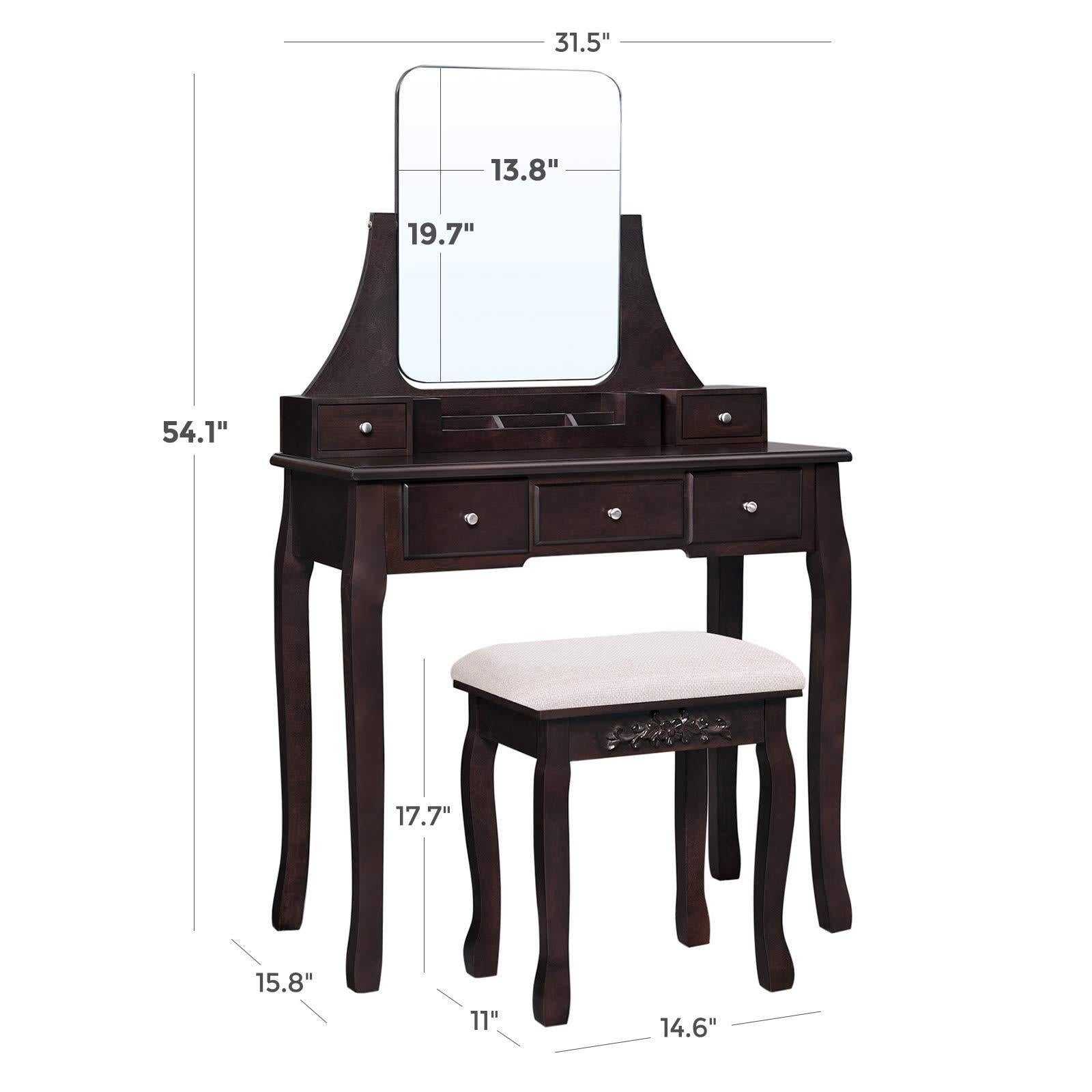 Shop here vasagle vanity table set with large frameless mirror makeup dressing table set for bedroom bathroom 5 drawers and 1 removable storage box cushioned stool walnut urdt25wn