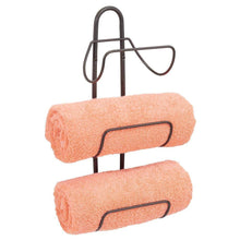Load image into Gallery viewer, Discover the mdesign modern decorative metal 3 level wall mount towel rack holder and organizer for storage of bathroom towels washcloths hand towels 2 pack bronze