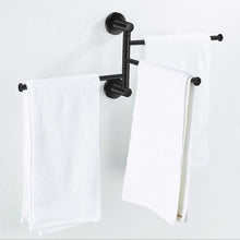 Load image into Gallery viewer, Featured towel rack bathroom swivel towel bar 3 multi fold able arms rotation organizer swing towel shelf space saving hanger kitchen hand towel holder wall mount stainless rubber matte black marmolux