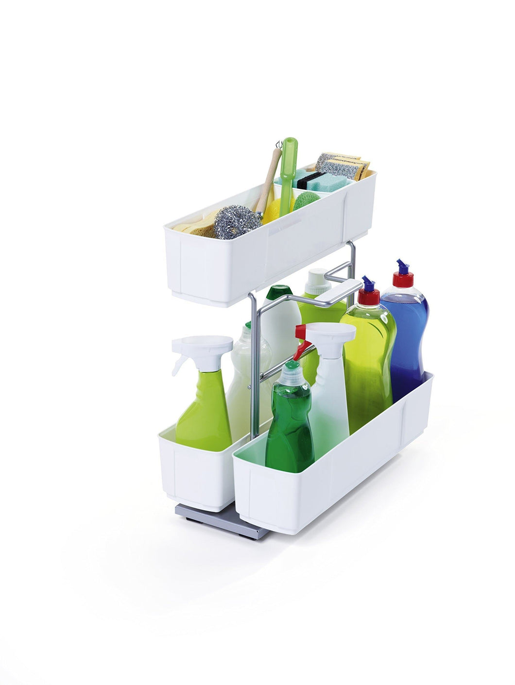 CleaningAGENT Under Sink Organizer | Chrome Steel and White | Sliding Pull-Out Base Cabinet Storage | Removable Carrying Caddy | Dishwasher Safe | Easy Install