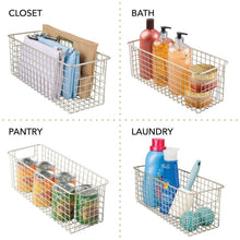 Load image into Gallery viewer, Organize with mdesign farmhouse decor metal wire food storage organizer bin basket with handles for kitchen cabinets pantry bathroom laundry room closets garage 16 x 6 x 6 4 pack satin