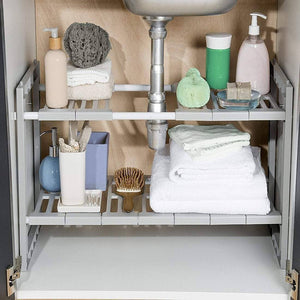 Buy now yomym under cabinet sink organizer 2 tier expandable shelf organizer rack for bathroom pantry or kitchen storage cabinets organization and storage adjustable shelves in heavy duty plastic and metal