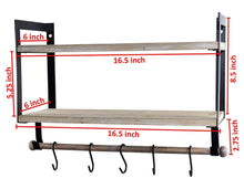 Load image into Gallery viewer, Home spiretro wall mount 2 tier floating shelves with metal bracket rustic torched wood with removable towel rod and s hooks to storage organize hang and display for kitchen book study bathroom grey