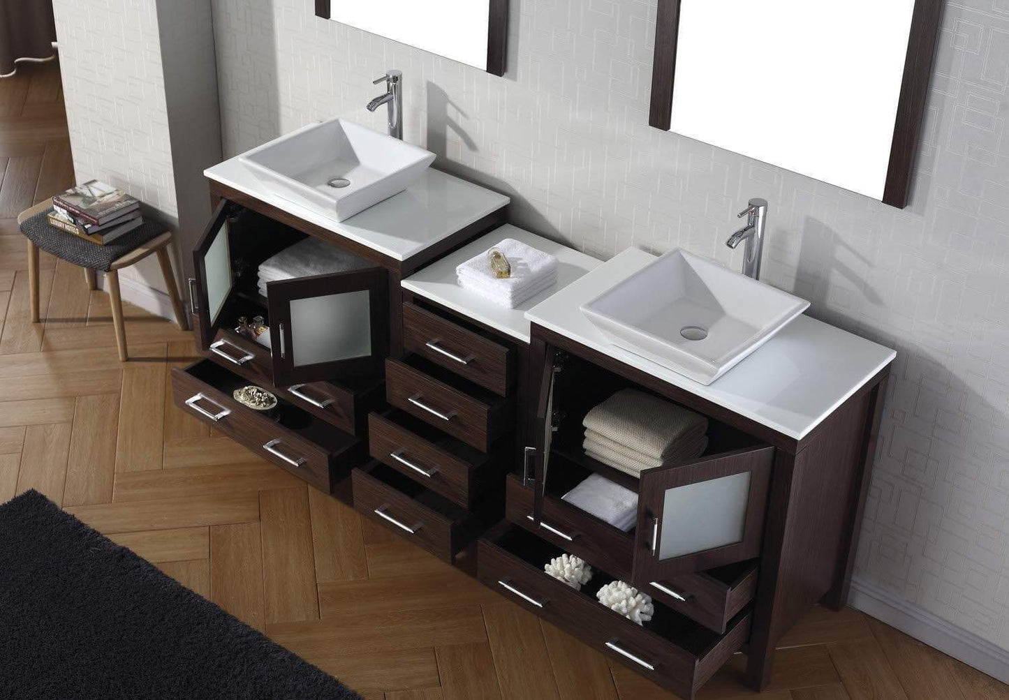 Purchase virtu usa dior 82 inch double sink bathroom vanity set in espresso w square vessel sink white engineered stone countertop single hole polished chrome 2 mirrors kd 70082 s es