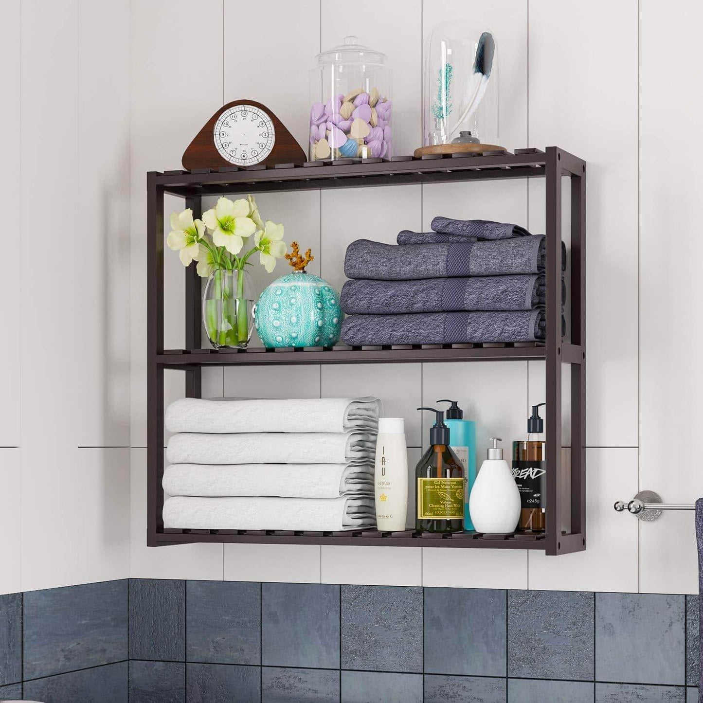 Shop here homfa bamboo shelf 3 tier utility storage organizer adjustable layer rack bathroom towel shelves multifunctional kitchen living room holder wall mounted retro color