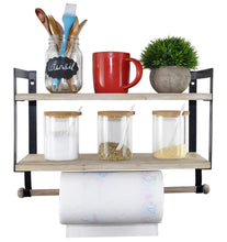 Load image into Gallery viewer, New spiretro wall mount 2 tier floating shelves with metal bracket rustic torched wood with removable towel rod and s hooks to storage organize hang and display for kitchen book study bathroom grey