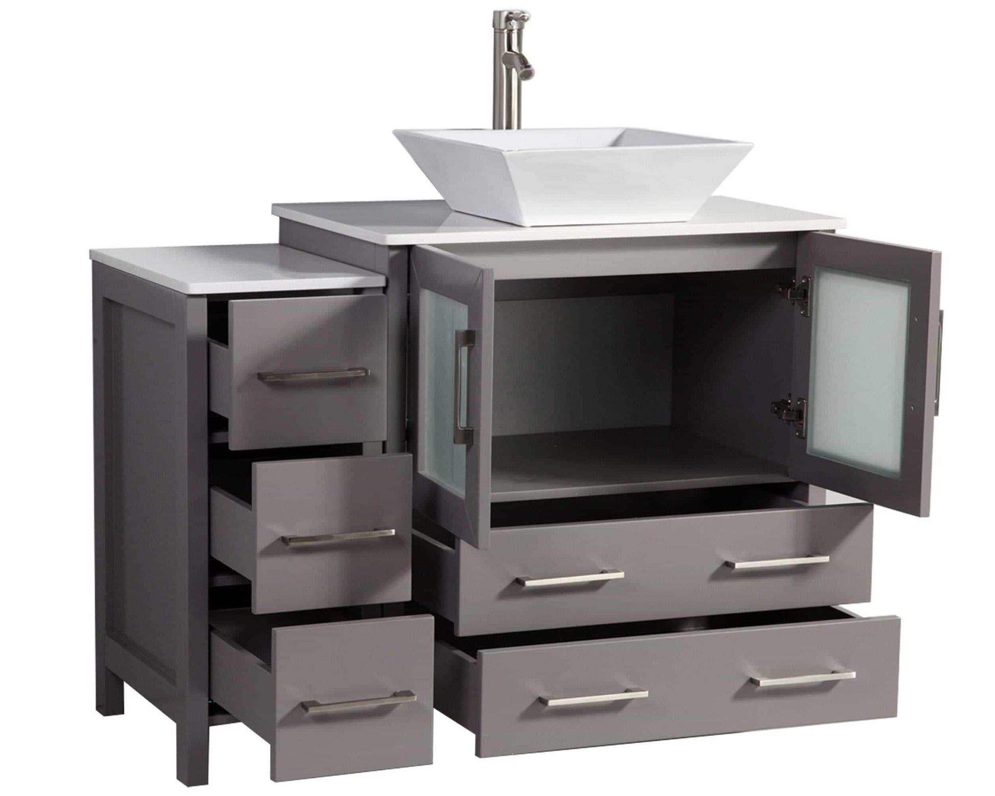 Latest vanity art 42 inch single sink bathroom vanity set with compact 2 door 5 drawer slim and modern white ceramic top bathroom cabinet free mirror gray va3130 42