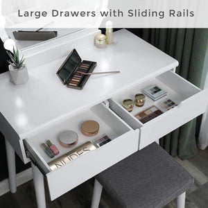 Storage organizer vasagle vanity table set with 10 light bulbs and touch switch dressing makeup table desk with large round mirror 2 sliding drawers 1 cushioned stool for bedroom bathroom white urdt11wl