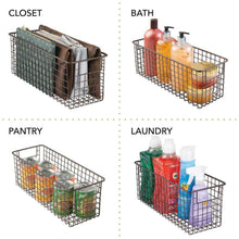 Load image into Gallery viewer, On amazon mdesign bathroom metal wire storage organizer bin basket holder with handles for cabinets shelves closets countertops bedrooms kitchens garage laundry 16 x 6 x 6 4 pack bronze