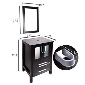 Budget 24 inch modern bathroom vanities suite sets with wall mounted mirror mdf stand pedestal storage cabinet espresso wood construction square countertop with chrome footage 2drawer2door