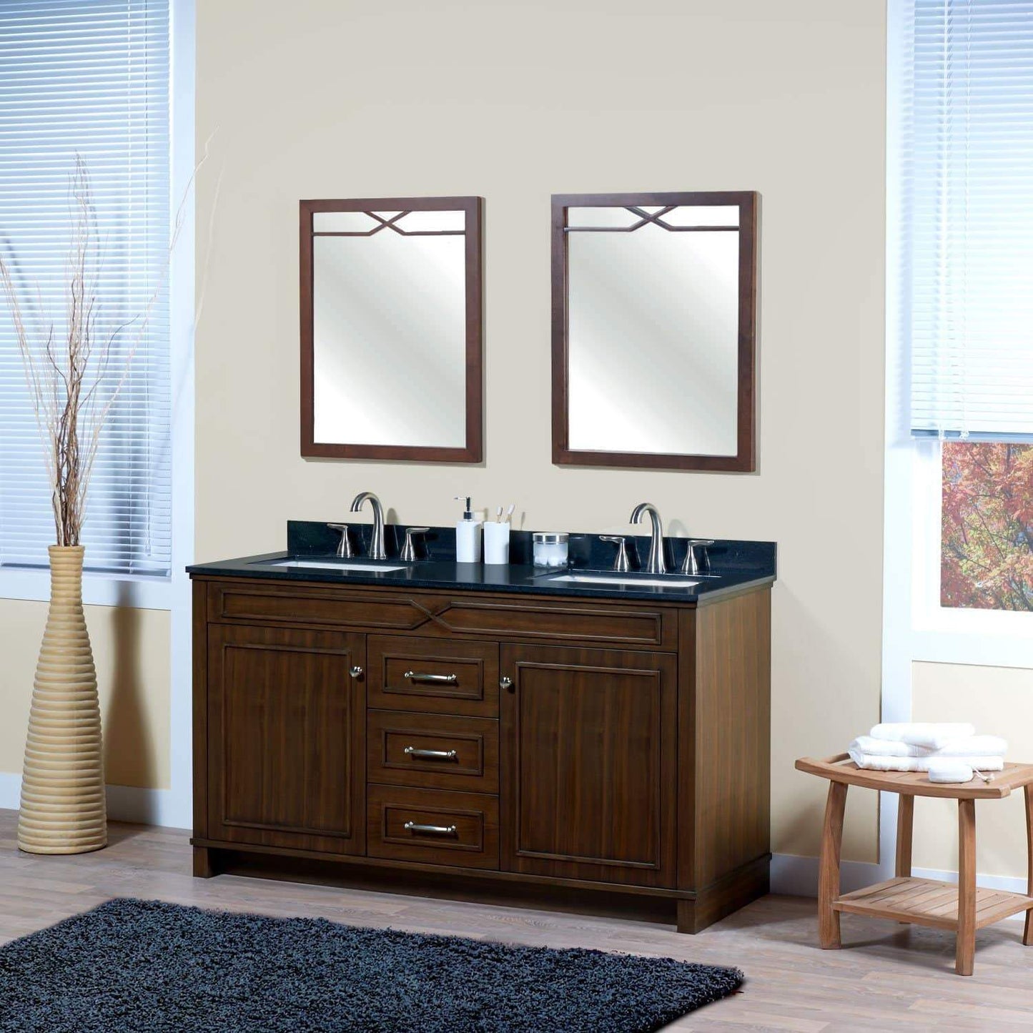 Kitchen maykke abigail 60 bathroom vanity set in birch wood american walnut finish double brown cabinet with countertop backsplash in black granite and ceramic undermount sink in white ysa1376001