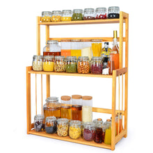 Load image into Gallery viewer, Amazon 3 tier spice rack kitchen bathroom countertop storage organizer rack bamboo spice bottle jars rack holder with adjustable shelf 100 natrual bamboo