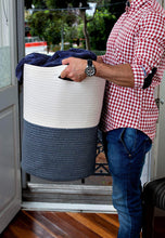 Load image into Gallery viewer, Purchase extra large cotton rope laundry basket with lid laundry hamper with lid woven storage organizer for blankets pillows towels clothes toys baby nursery bathroom living room kitchen dark gray white