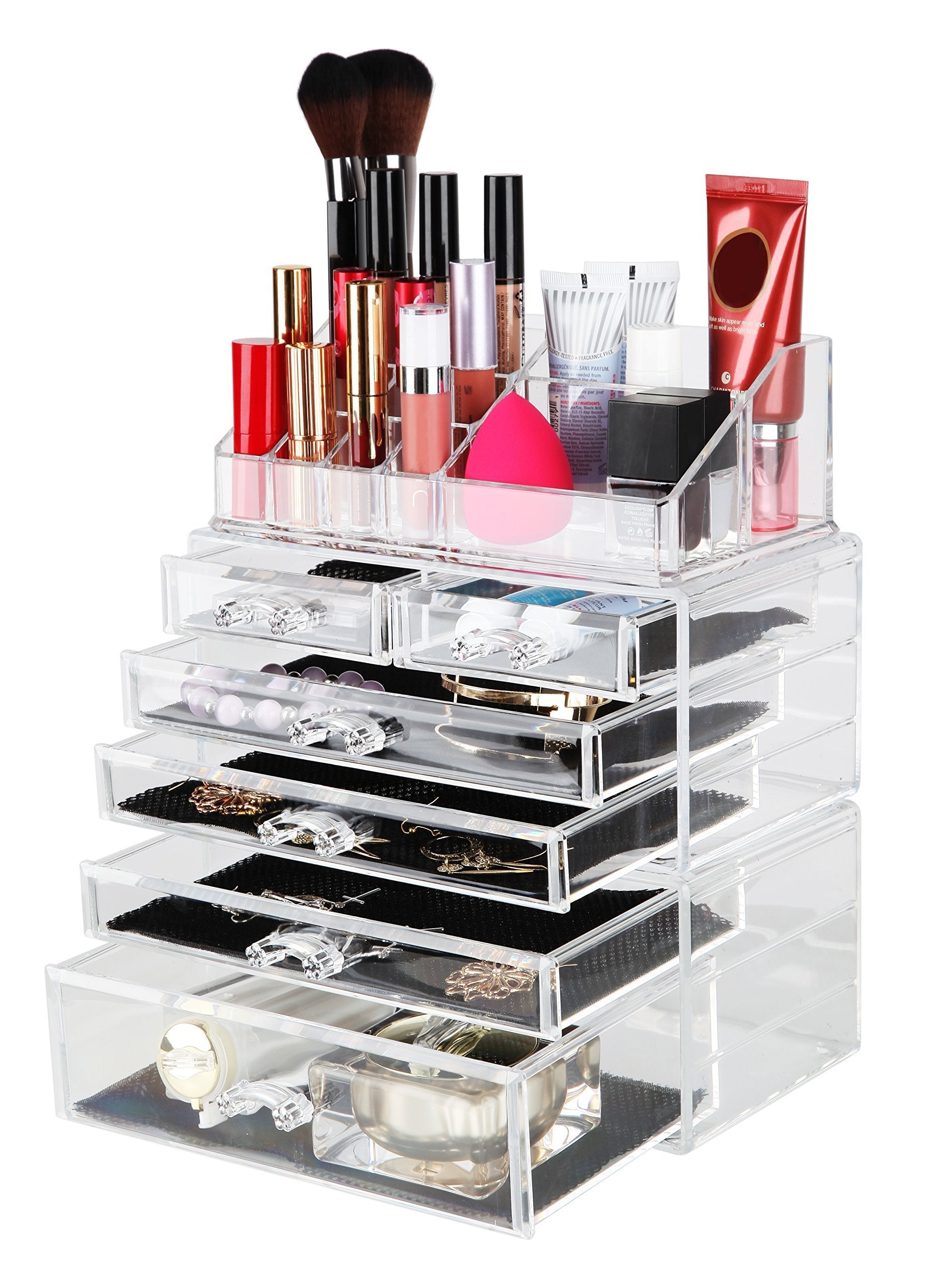 Top finnhomy 3 tier acrylic makeup cosmetic jewelry diamond organizer 3 piece set counter storage case large display drawer box bathroom vanity case for lipstick brush nail polish clear