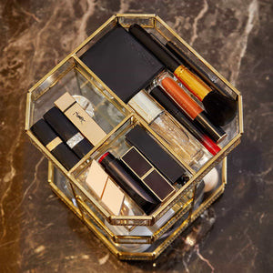 Online shopping putwo makeup organizer 360 degree rotating 3 layers large multi function makeup storage glass vintage cosmetic organizer for countertop bathroom dresser fits different types of cosmetics gold